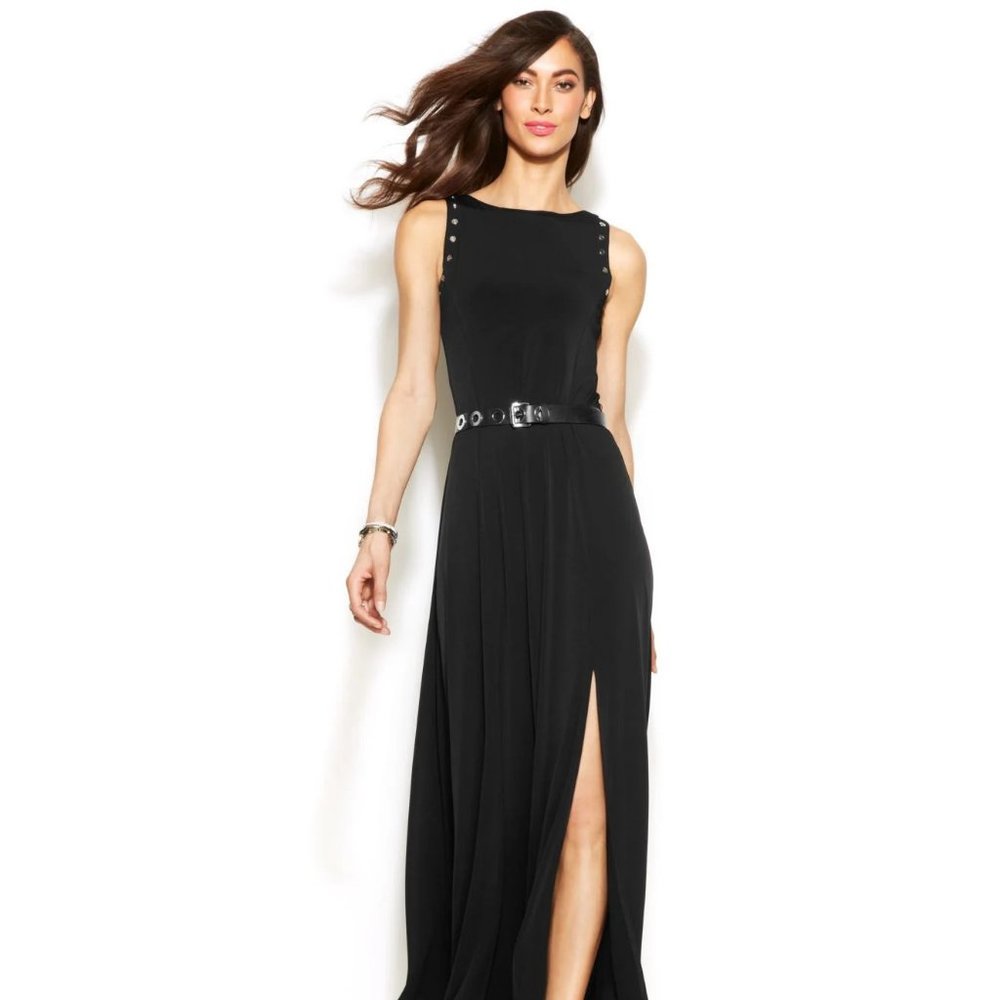 Women's Black Michael Grommet-Trim Belted Maxi Dress